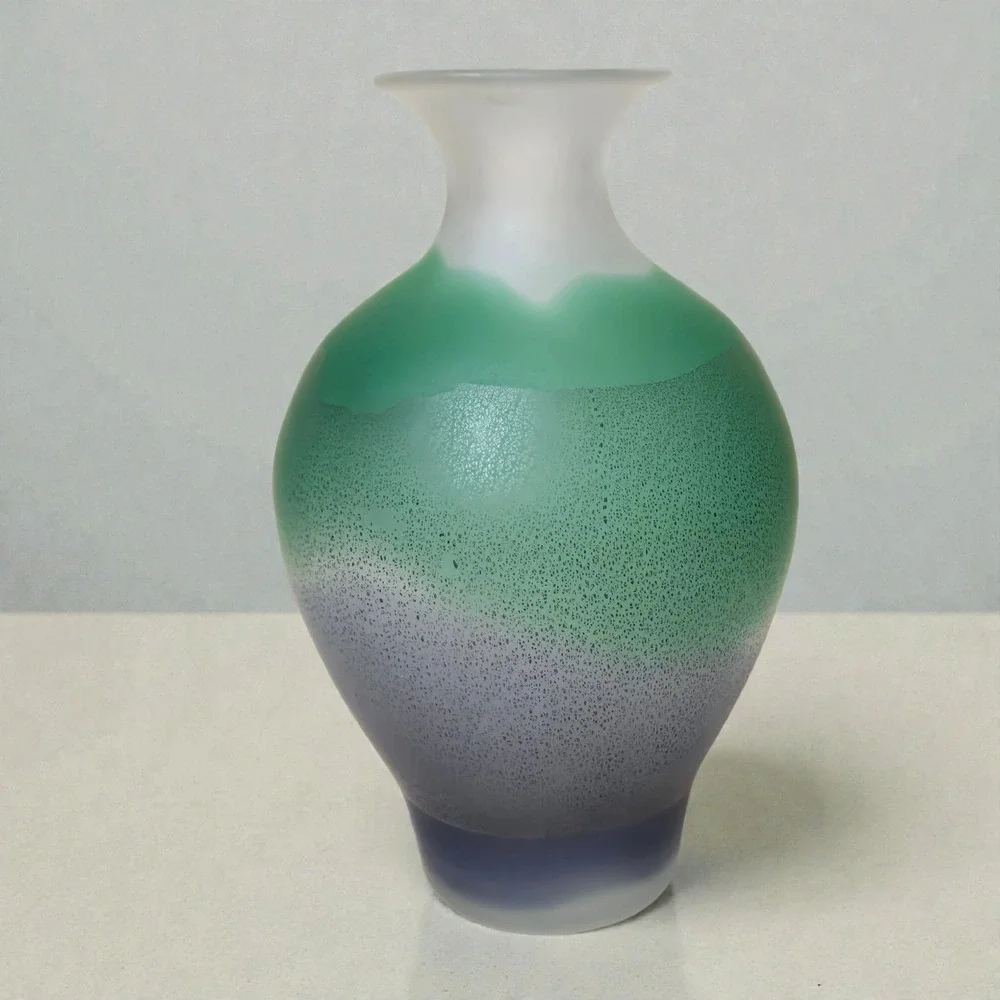 Vintage Toyo Japan Frosted Art Glass Vase Green Purple Scenic Landscape Satin